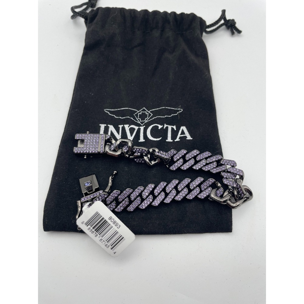 Invicta Elements 80893 Gunmetal Purple Crystal Iced Out Cuban Link Bracelet NWT